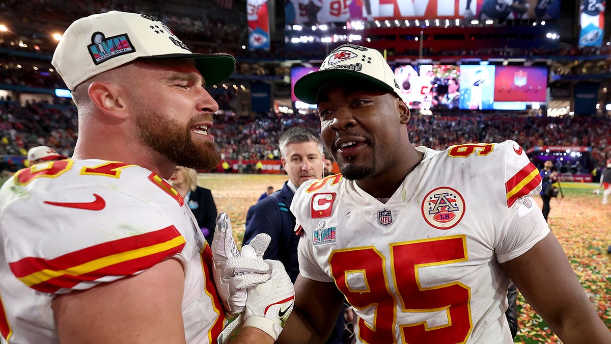 Travis Kelce and Chris Jones after Super Bowl