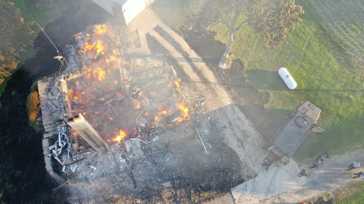Drone shot of burning farm allegedly set by Kevin Anderson