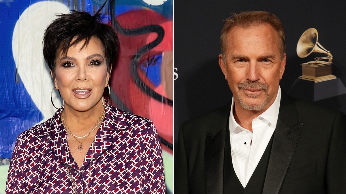 Kris Jenner in a patterned shirt on the carpet split Kevin Costner in a black suit and vest on the carpet