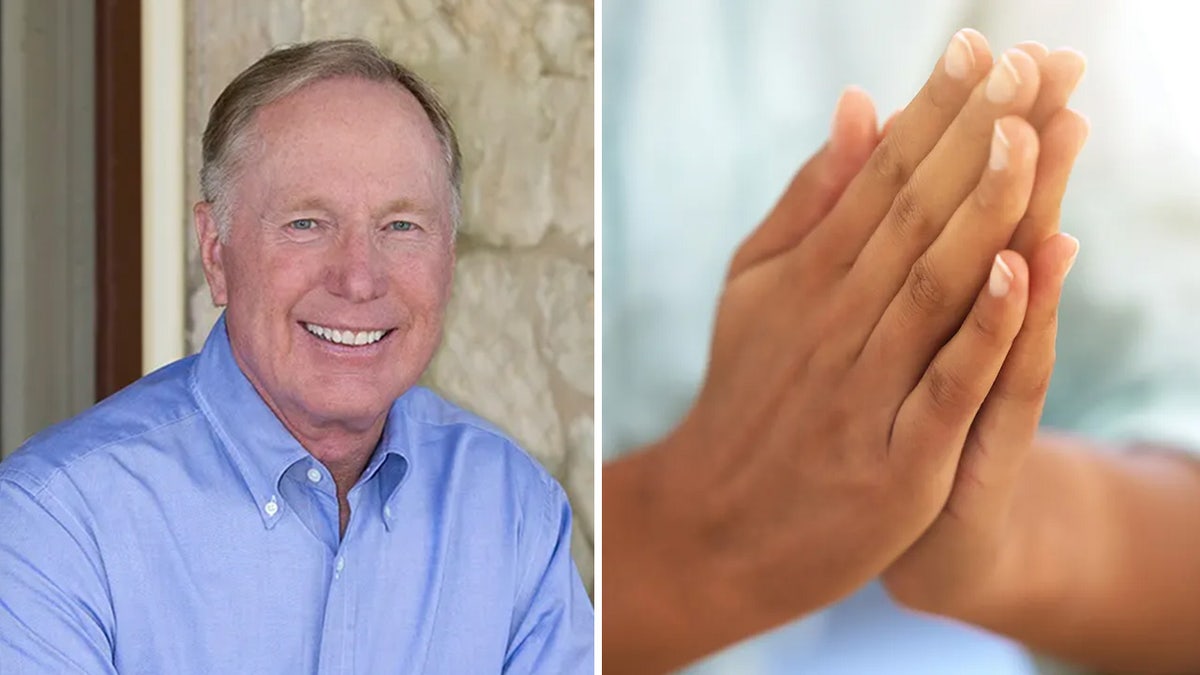 Max Lucado on one side, praying hands on the other