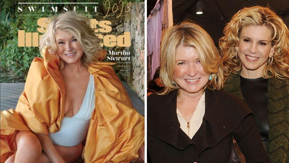A split of Martha Stewart with her daughter and her Sports Illustrated cover