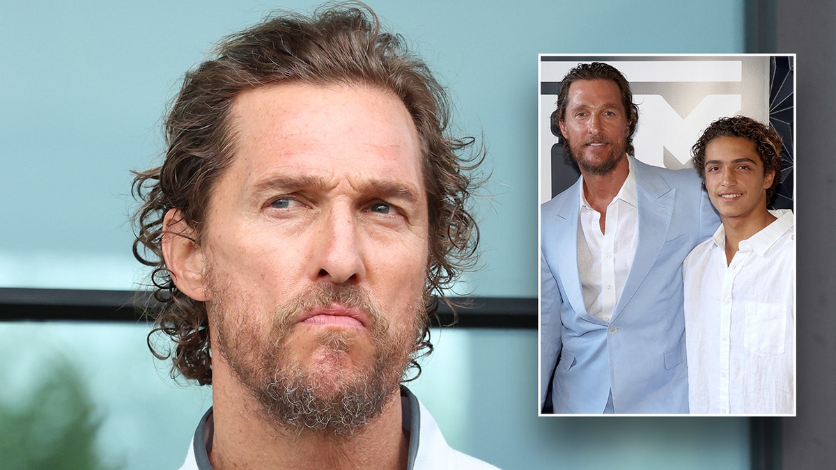 Matthew McConaughey has a little grimace as he looks off into the distance inset a photo of him smiling in a light blue suit with his son Levi in a white shirt