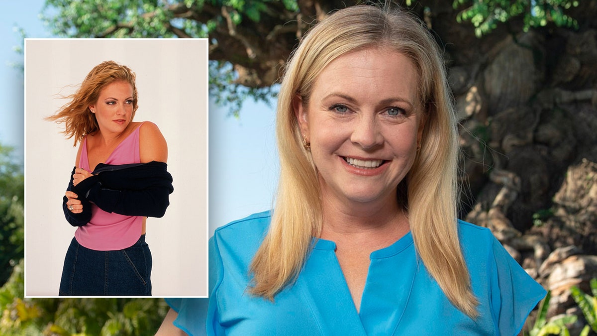 Melissa Joan Hart in a bright blue v-neck top inset a photo of a young Melissa Joan Hart with hair blowing in the wind and she is posing 
