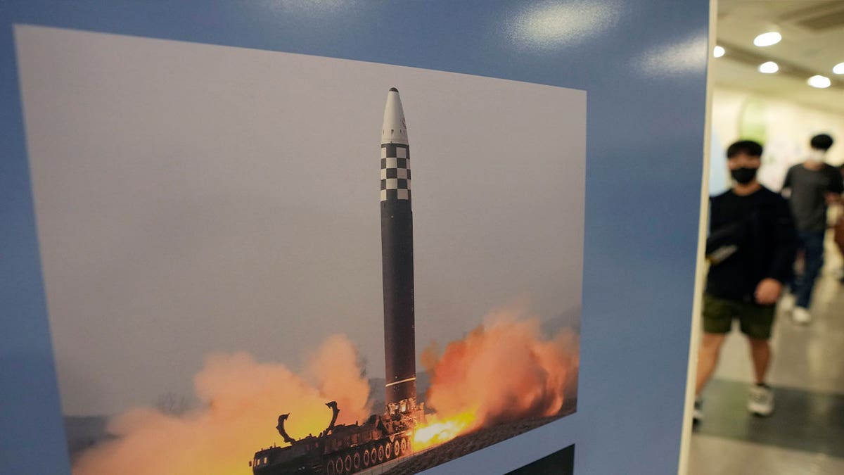 A photo showing North Korea's missile launch is displayed at the Unification Observation Post in Paju, South Korea, on Sep. 13, 2023. A couple of short-range ballistic missiles were launched by North Korea Wednesday toward the Sea of Japan.