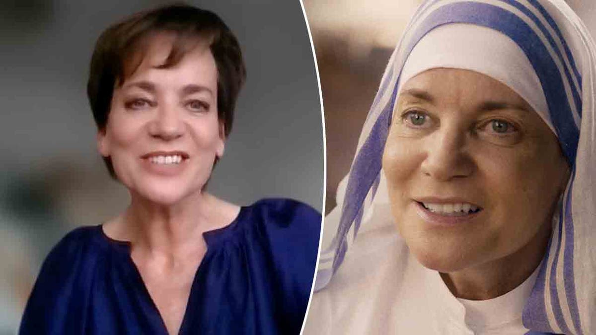 Split image of Jacqueline Fritschi-Cornaz out of costume and in costume as Mother Teresa