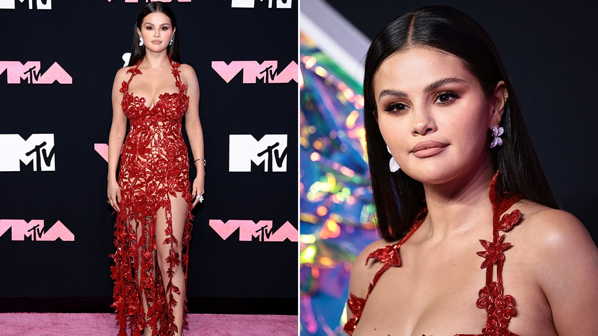Selena Gomez walked VMAs red carpet wearing sheer red dress