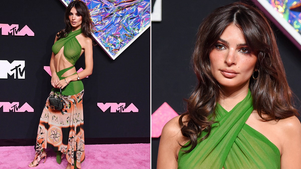 Model Emily Ratajkowski rocked a green gown with a flowing skirt at VMAs