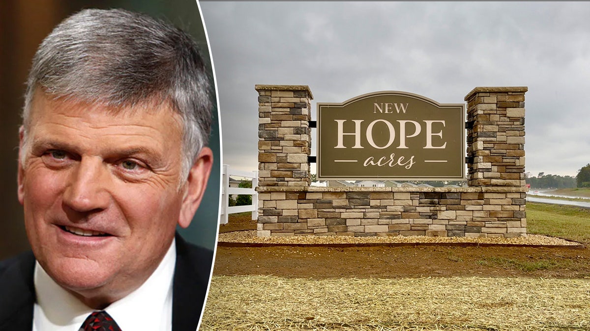 split image of Franklin Graham with the New Hope Acres sign