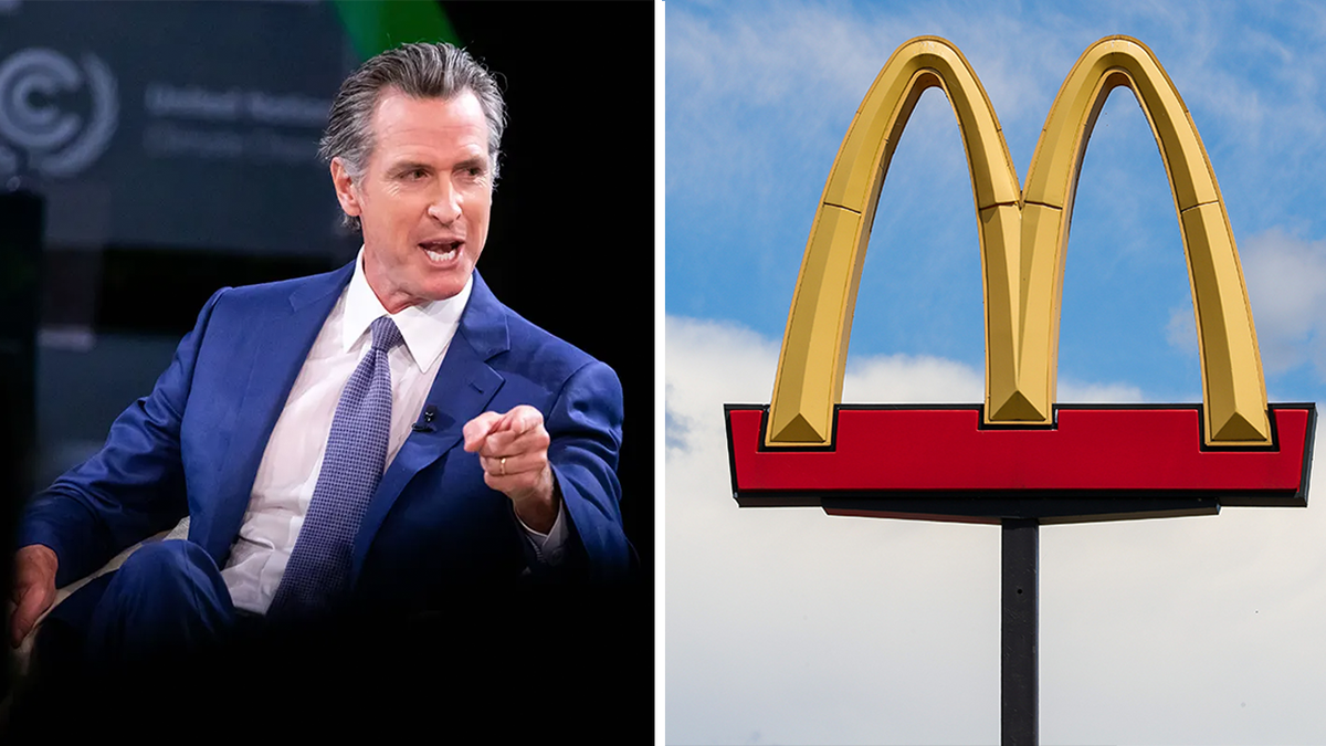 side by side photo of Gavin Newsom, McDonalds sign