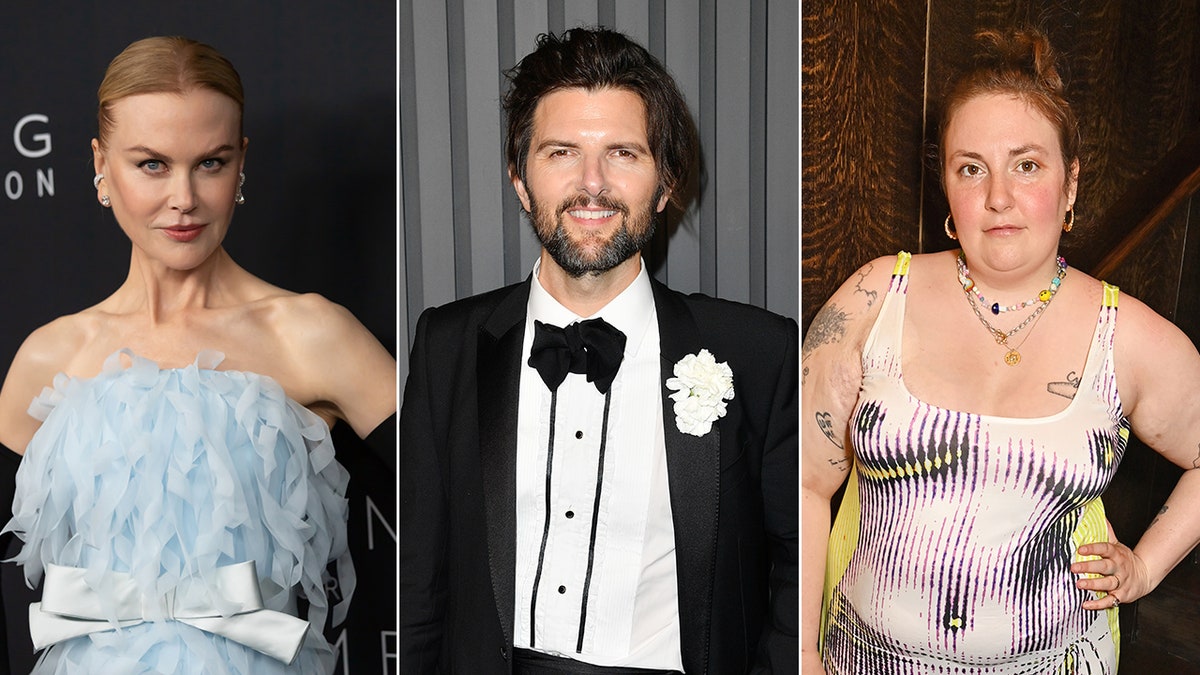 Nicole Kidman stares down the camera in a frilly blue gown with a bow split Adam Scott in a tuxedo with a bow tie that has strings split Lena Dunham in a dress that has a body on it