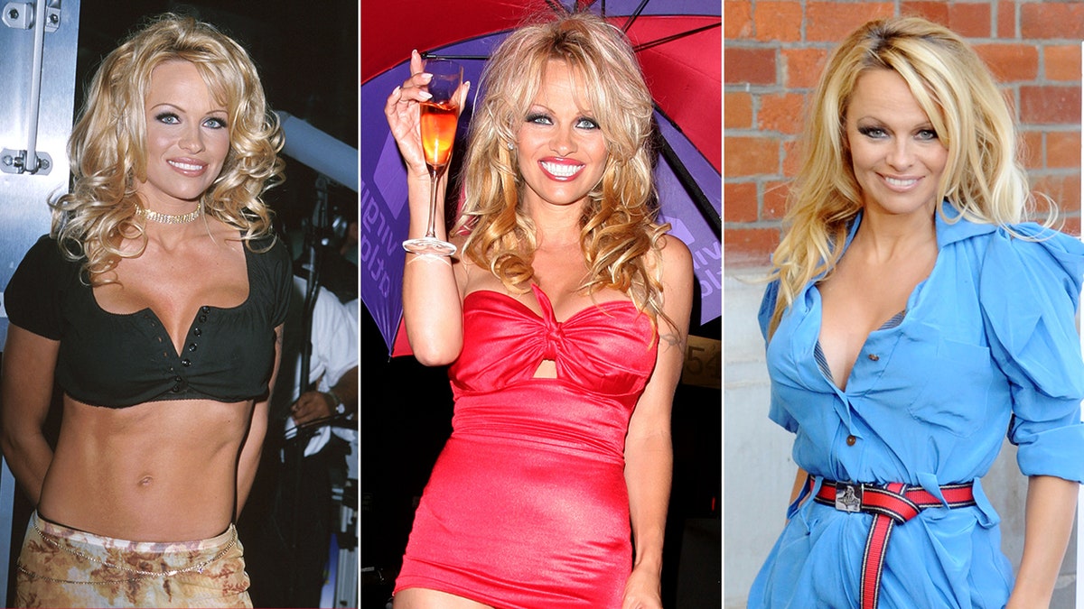 Pamela Anderson in a black crop top and a printed low ride skirt and chain, split Pam Anderson in a halter red dress split Pam Anderson in a blue dress with a belt