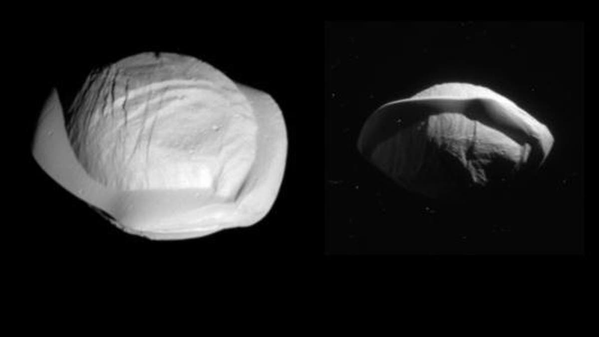 Two photos of Saturn's moon Pan
