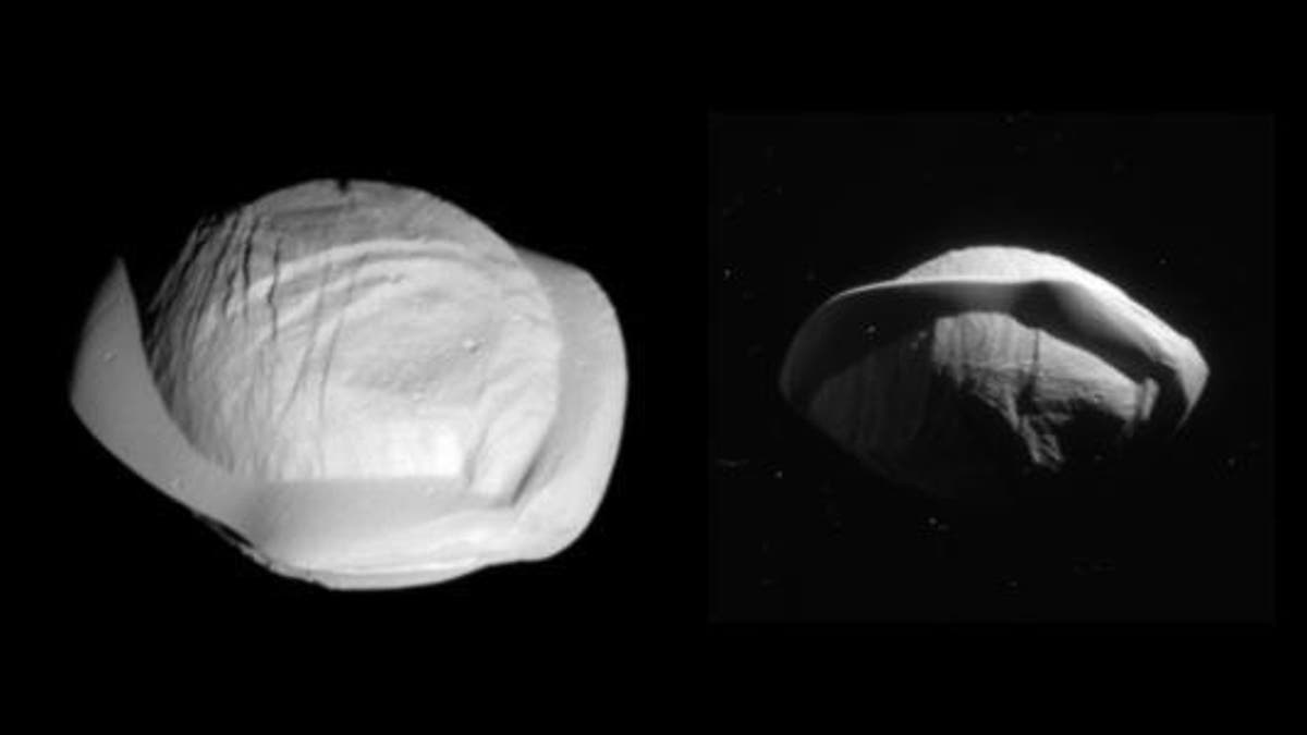 Two photos of Saturn's moon Pan