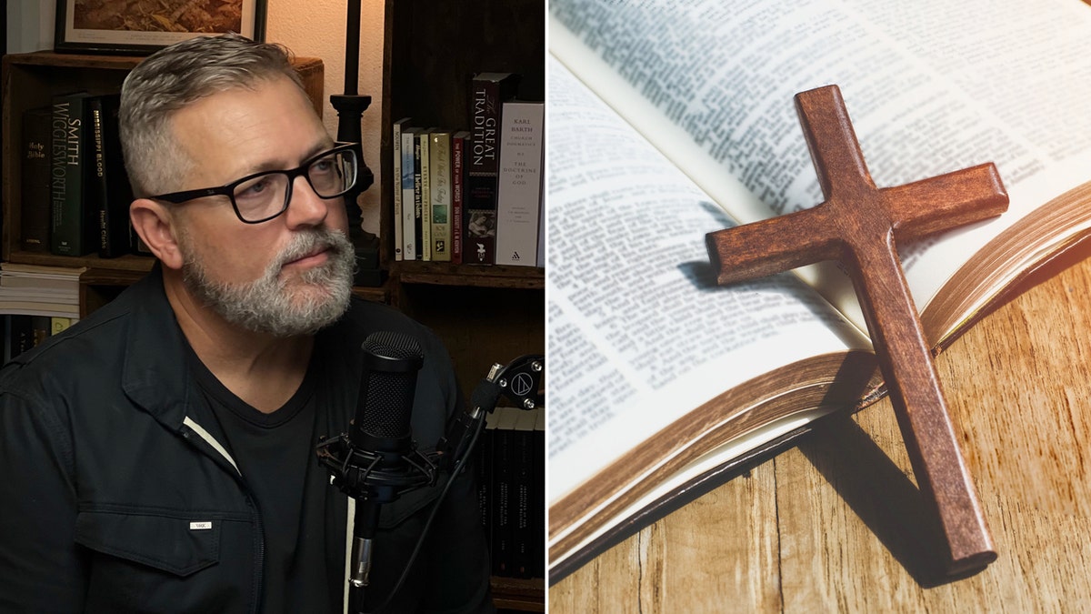 Pastor Ken Spicer split with a Bible and a wooden cross