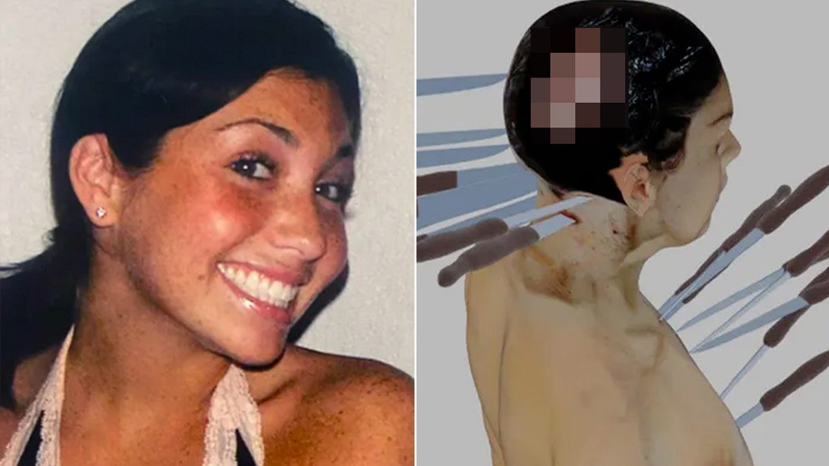 Shared image showing Ellen Greenberg smiling and a computer-generated photo based on an autopsy report showing knives where she was stabbed 20 times