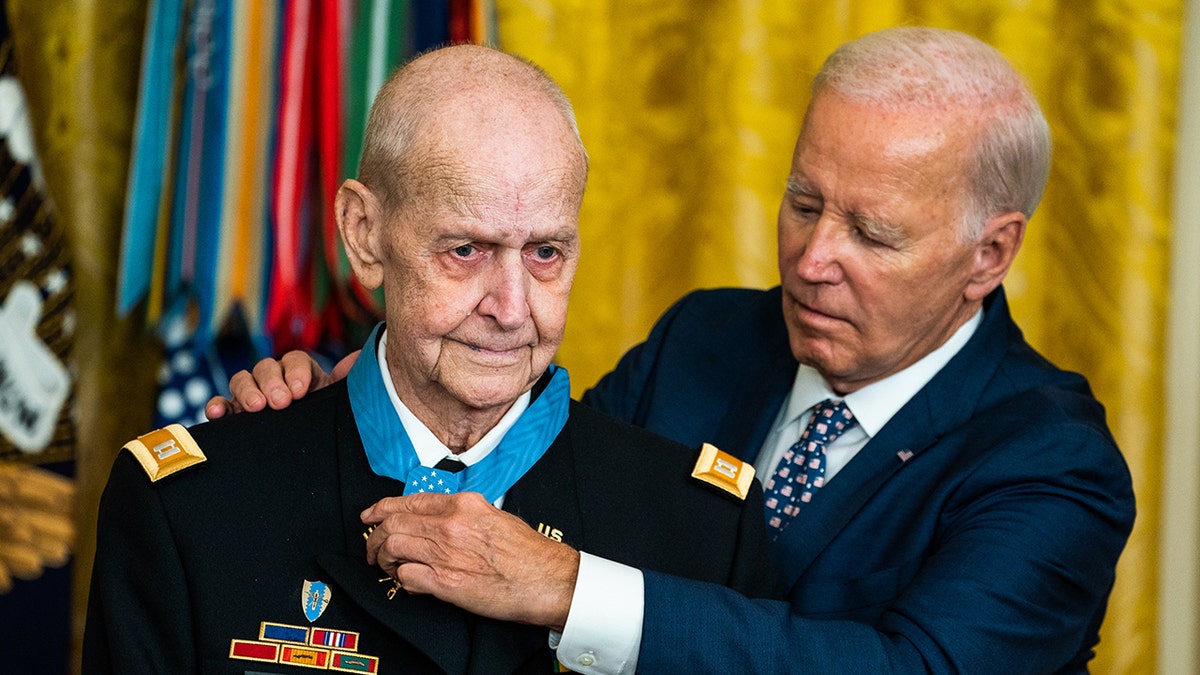 US President Joe Biden awards the Medal of Honor to Captain Larry L. Taylor, United States Army, for conspicuous gallantry