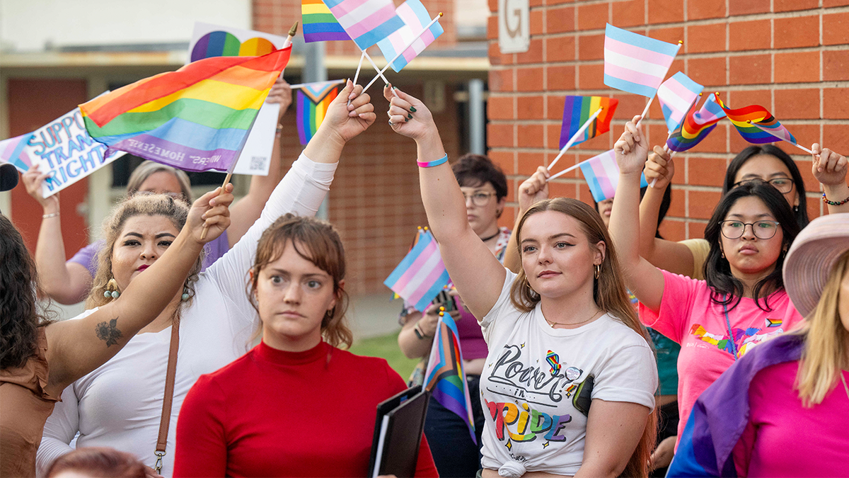 photo of protesters at school board meeting