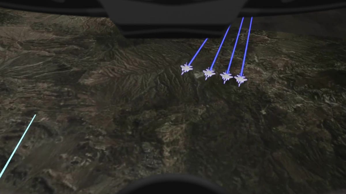 A view of augmented reality planes flying in a Red 6 helmet