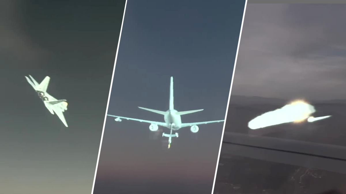 A split of a augmented reality-simulated fighter jet, aerial refueling mission and incoming surface to air missiles.