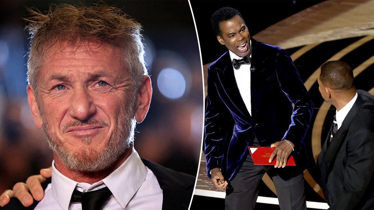 Sean Penn soft smiles on the carpet in a black suit and tie split Chris Rock reacting after realizing Will Smith slapped him on the Oscars stage