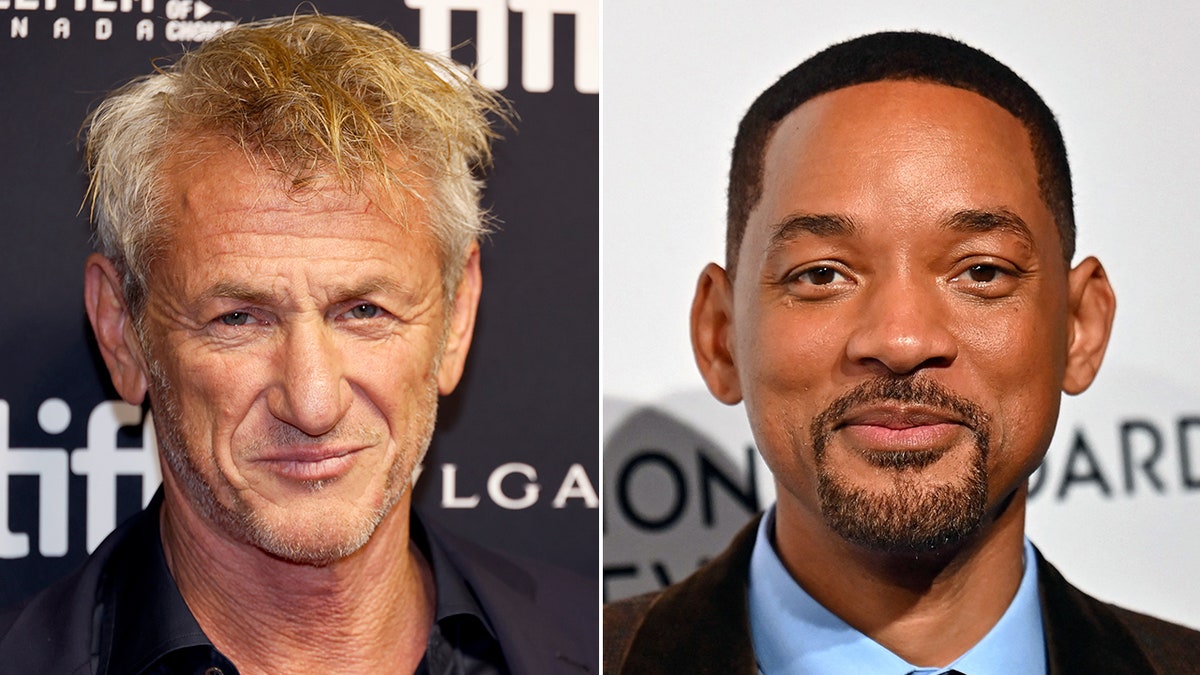 Sean Penn in a black shirt on the carpet smiles split Will Smith in a brown jacket and blue shirt on the carpet