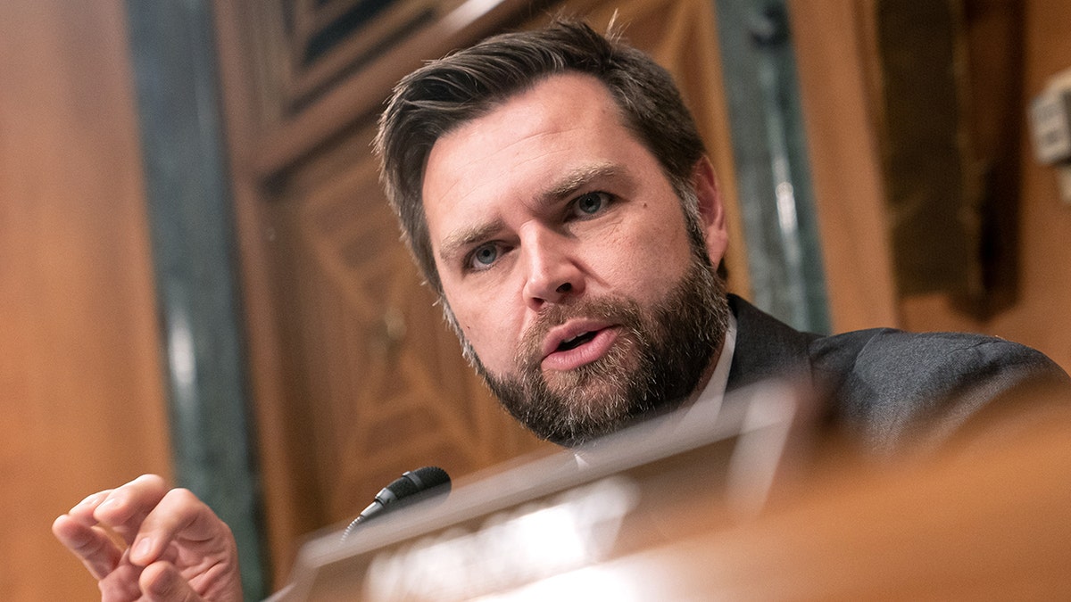 Senator J.D. Vance, a Republican from Ohio, during a Senate Banking, Housing and Urban Affairs Committee hearing in Washington, DC, on Thursday, June 22, 2023. Photographer: Nathan Howard/Bloomberg via Getty Images
