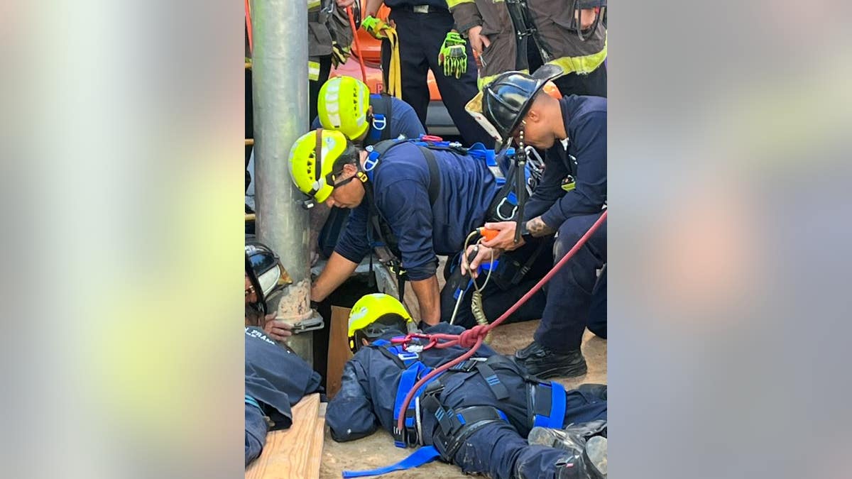 San Francisco firefighters seen gather around a hole on a sidewalk digging out dirt to rescue a utility worker
