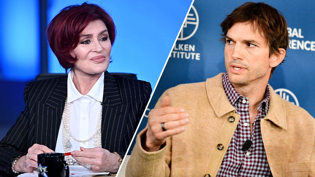 A split image of Sharon Osbourne and Ashton Kutcher