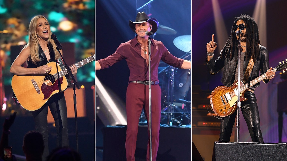 Sheryl Crow strums the guitar on stage and sings into the microphone split Tim McGraw in a maroon suit and black cowboy hat extends his arms on either side of him on stage split Lenny Kravitz in all leather points one finger in the air while on stage