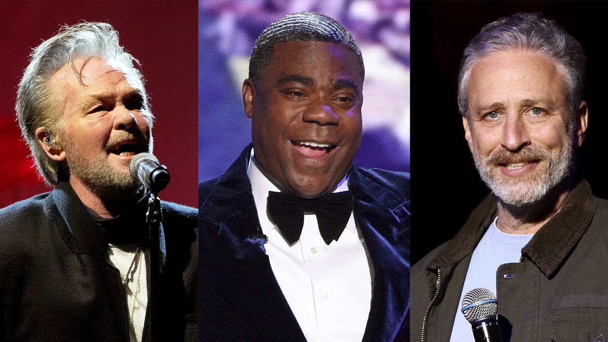 John Mellencamp, left, Tracy Morgan, center, and Jon Stewart