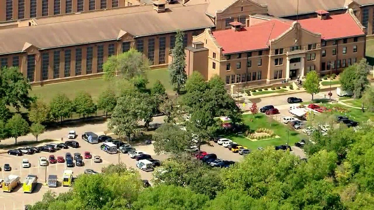 Aerials of authorities outside Minnesota Correctional Facility at Stillwater