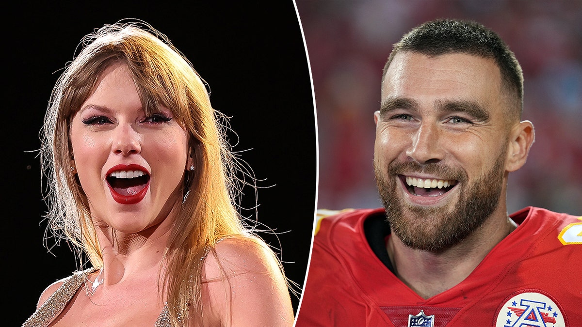 Taylor Swift sorri grande com a boca entreaberta no palco Travis Kelce em seu uniforme vermelho do Chiefs ri no campo