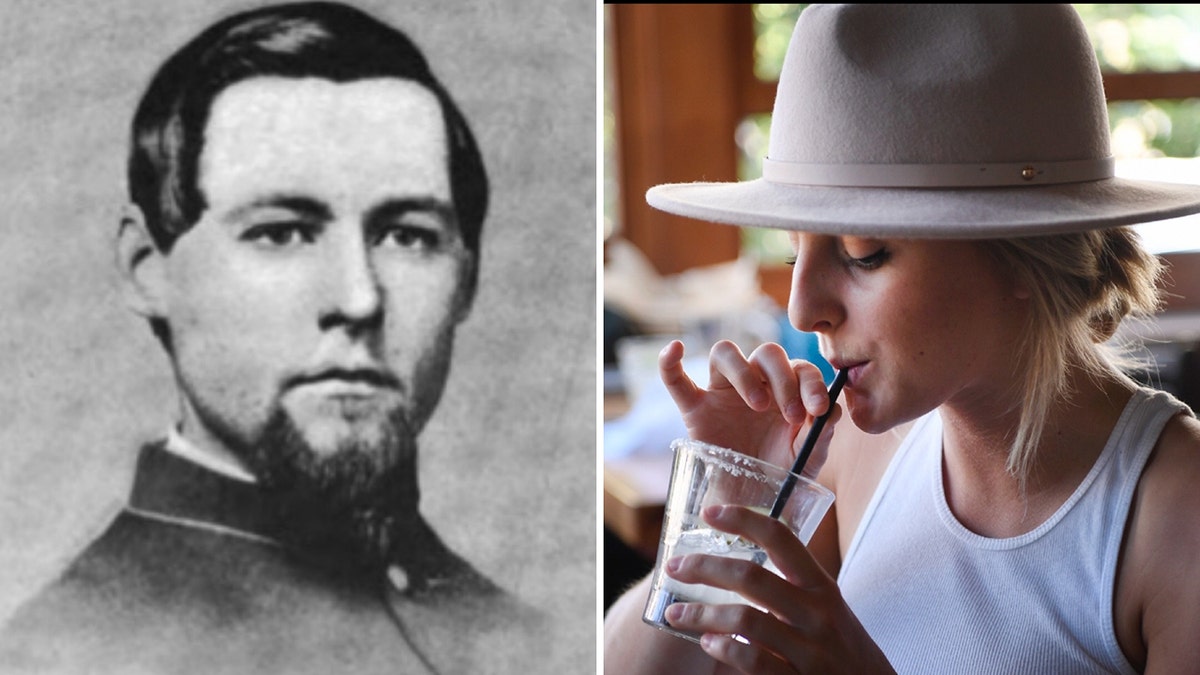Marvin C. Stone, a Civil War veteran from Ohio, patented the paper drinking straw in 1888; on the right, wedding planner Monica Hamilton of Denver drinks with a paper straw in 2018.