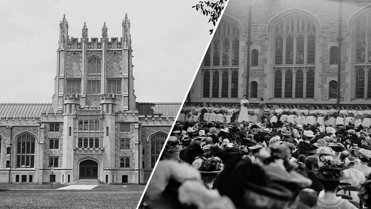 Vassar College building and graduation ceremony