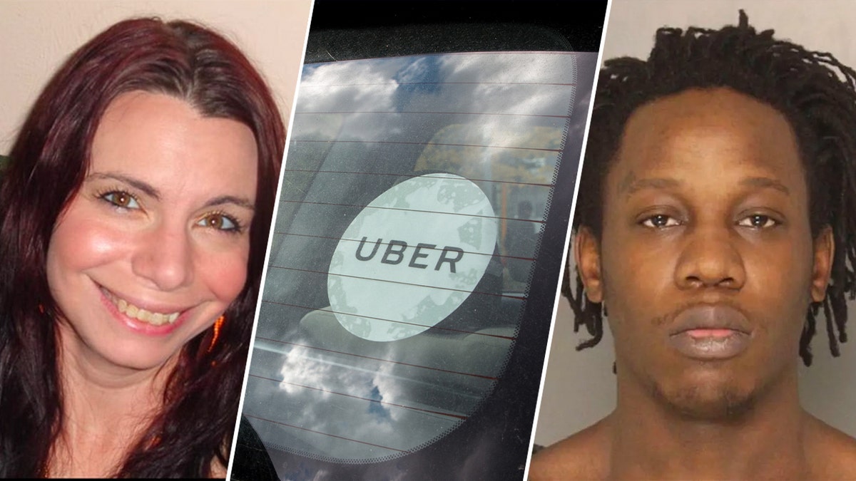 uber 3way split showing logo, vitim Christina Spicuzza and mugshot of murder suspect Calvin Crew