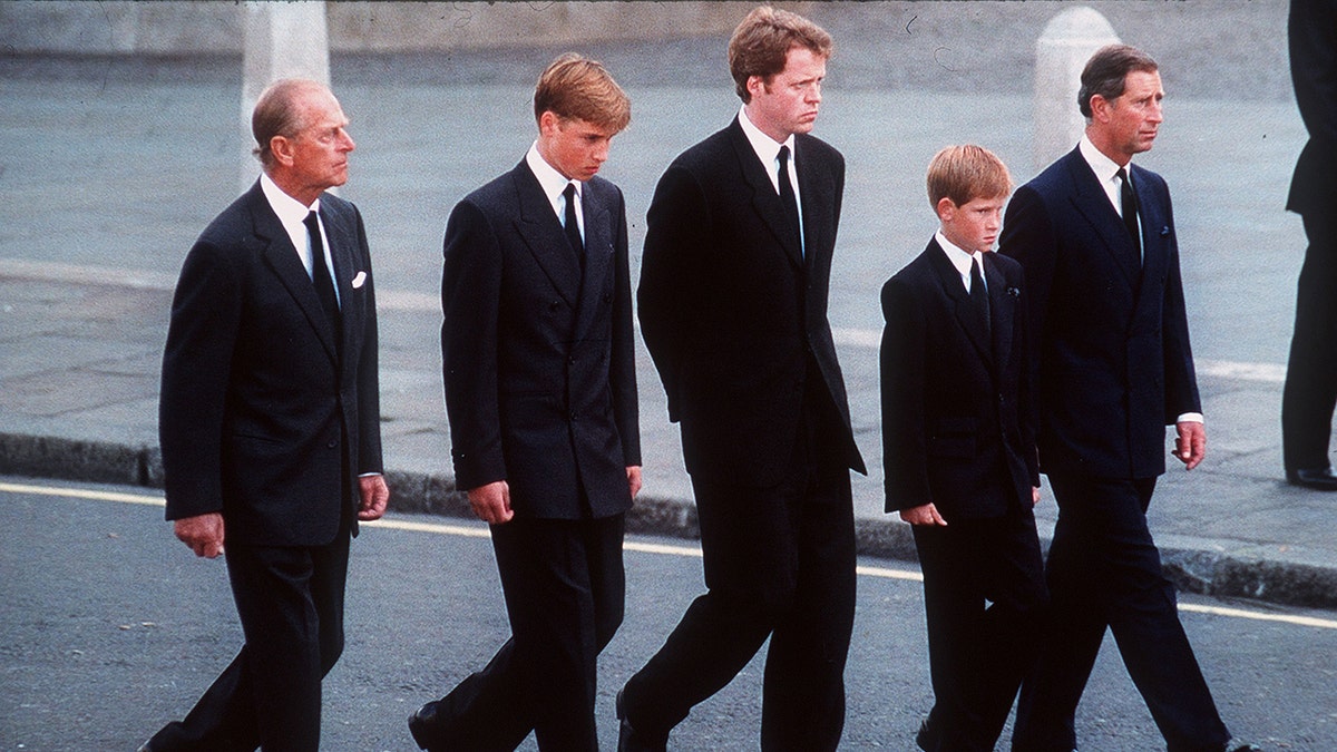 Earl Spencer with William, Harry, Prince Charles and Prince Philip at Princess Diana's funeral