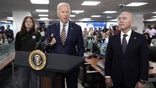 US President Joe Biden speaks while visiting the Federal Emergency Management Agency (FEMA) headquarters with Alejandro Mayorkas, secretary of the US Department of Homeland Security (DHS), right, in Washington, DC, US, on Thursday, Aug. 31, 2023. Biden said he will visit Florida on Saturday to survey damage from Hurricane Idalia, after the Category 3 storm flooded towns across the state. Photographer: Yuri Gripas/Abaca/Bloomberg via Getty Images