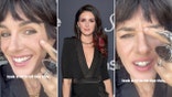 triple split photo - Shenae Grimes-Beech pointing at the lines on her face with a red carpet photo in the middle