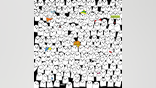 A panda hidden in a crowd of ghosts with a jack-o-lantern nearby.