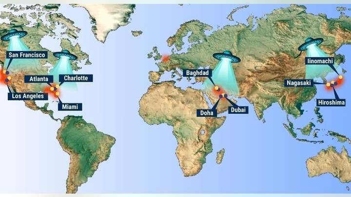 Mapa de pontos críticos de OVNIs criado pela Fox News Digital com base em informações do Departamento de Defesa. (Julia Bonavita/Fox News Digital com base nos dados da AARO)