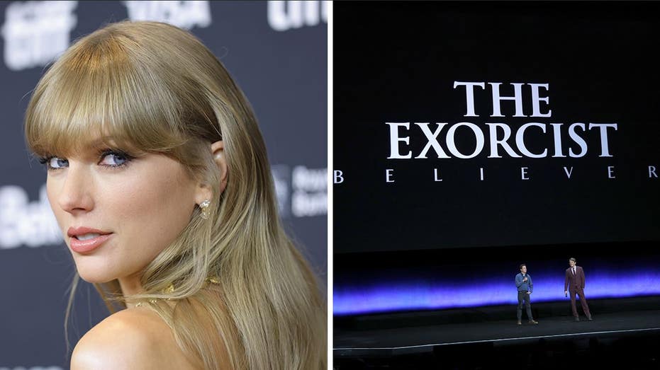 Split of Taylor Swift and Exorcist Believer poster