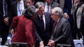 US Secretary of State Antony Blinken (C) speaks with UN Secretary General Ant&oacute;nio Guterres (R) and US Ambassador to the UN Linda Thomas-Greenfield (L) before the start of a United Nations (UN) Security Council meeting on the conflict in Middle East at the UN headquarters in New York City on October 24, 2023.