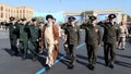 Iranian Supreme Leader Ayatollah Ali Khamenei, center, reviews a group of armed forces cadets during their graduation ceremony accompanied by commanders of the armed forces, in Tehran, Iran, on Tuesday, Oct. 10.