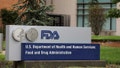 Signage is seen outside of the Food and Drug Administration (FDA) headquarters in White Oak, Maryland, on August 29, 2020.