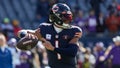 Chicago Bears quarterback Justin Fields throws during warmups before an NFL football game against the Minnesota Vikings, Sunday, Oct. 15, 2023, in Chicago.
