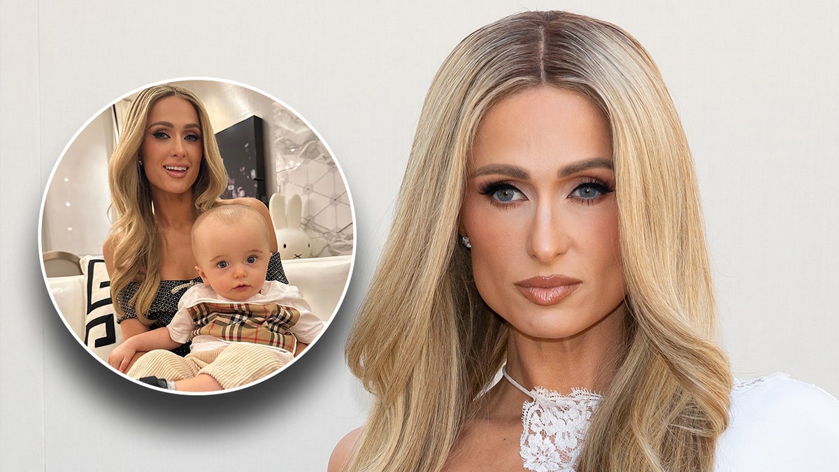 Paris Hilton in a white top looks serious on the carpet inset a photo of her holding son Phoenix on her lap