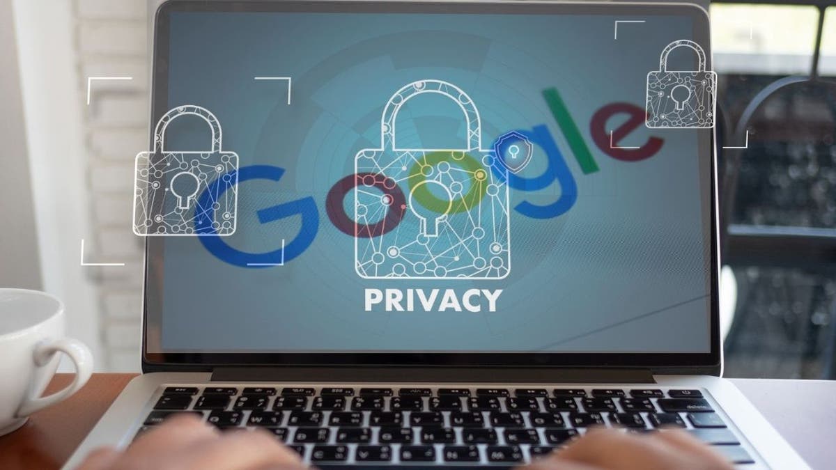Photo of a laptop on Google with a privacy graphic over it.