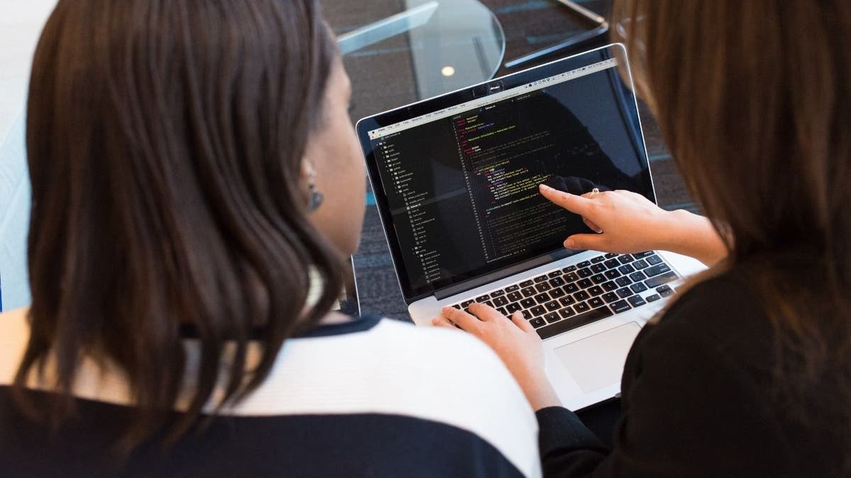 Woman pointing to her laptop, showing some else her screen.