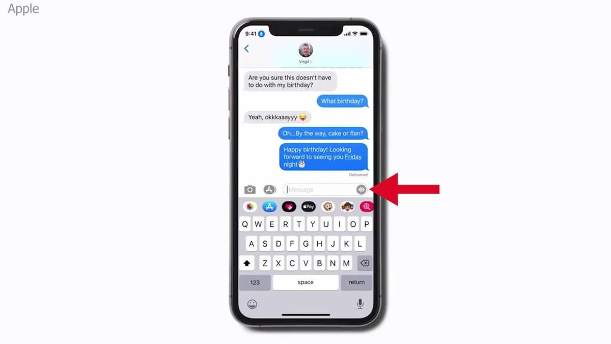 Photo of an iPhone and an arrow pointing to the Audio Message button.