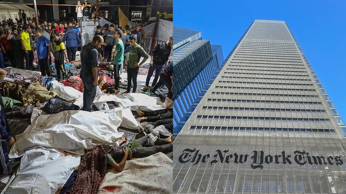 Split image of hospital and New York Times building